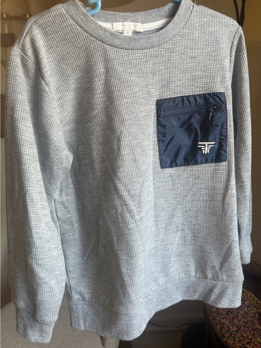 Kids Light Gray Waffle Knit Sweater with Navy Chest Pocket